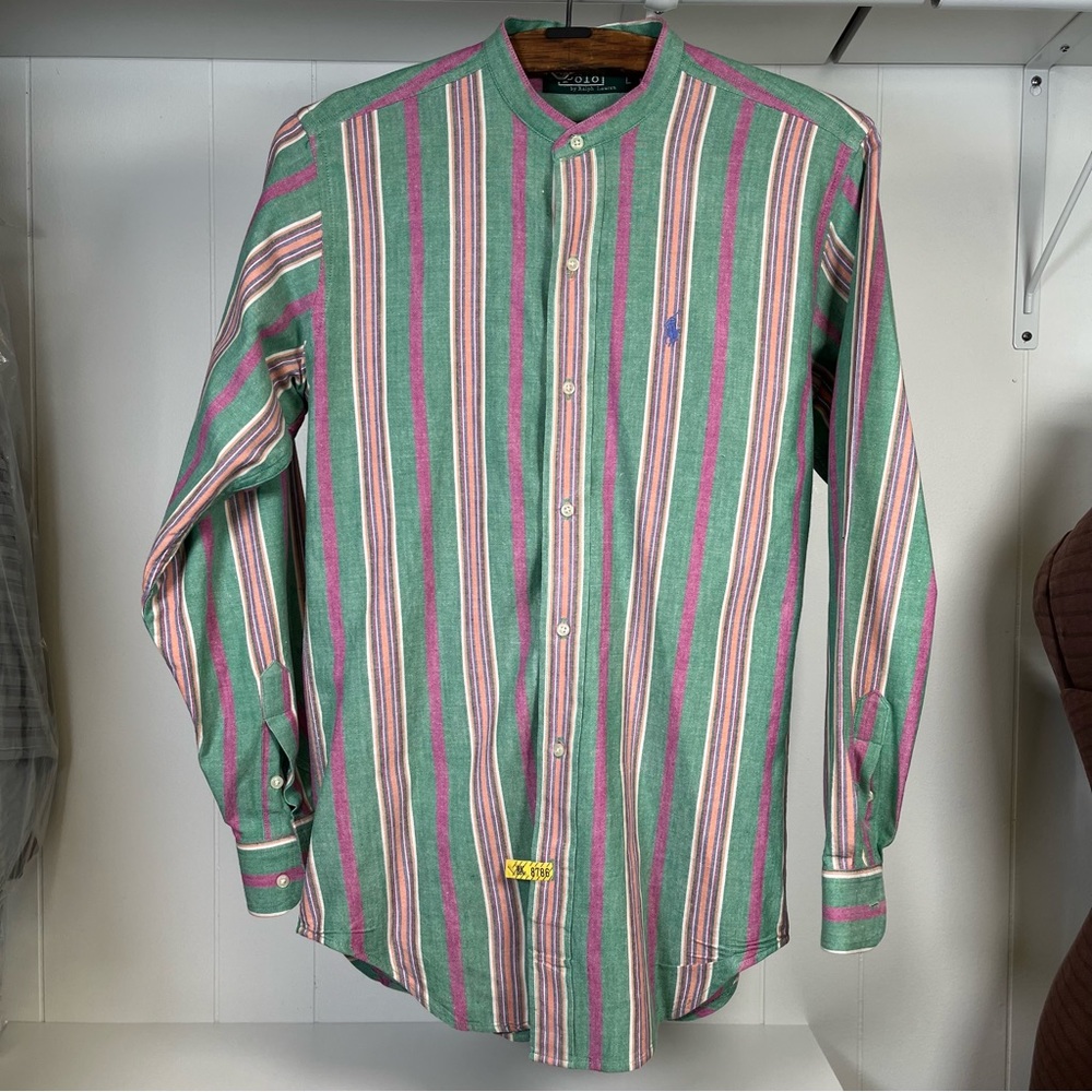 Polo by Ralph Lauren Green and Pink Striped Casual Button Down Shirt